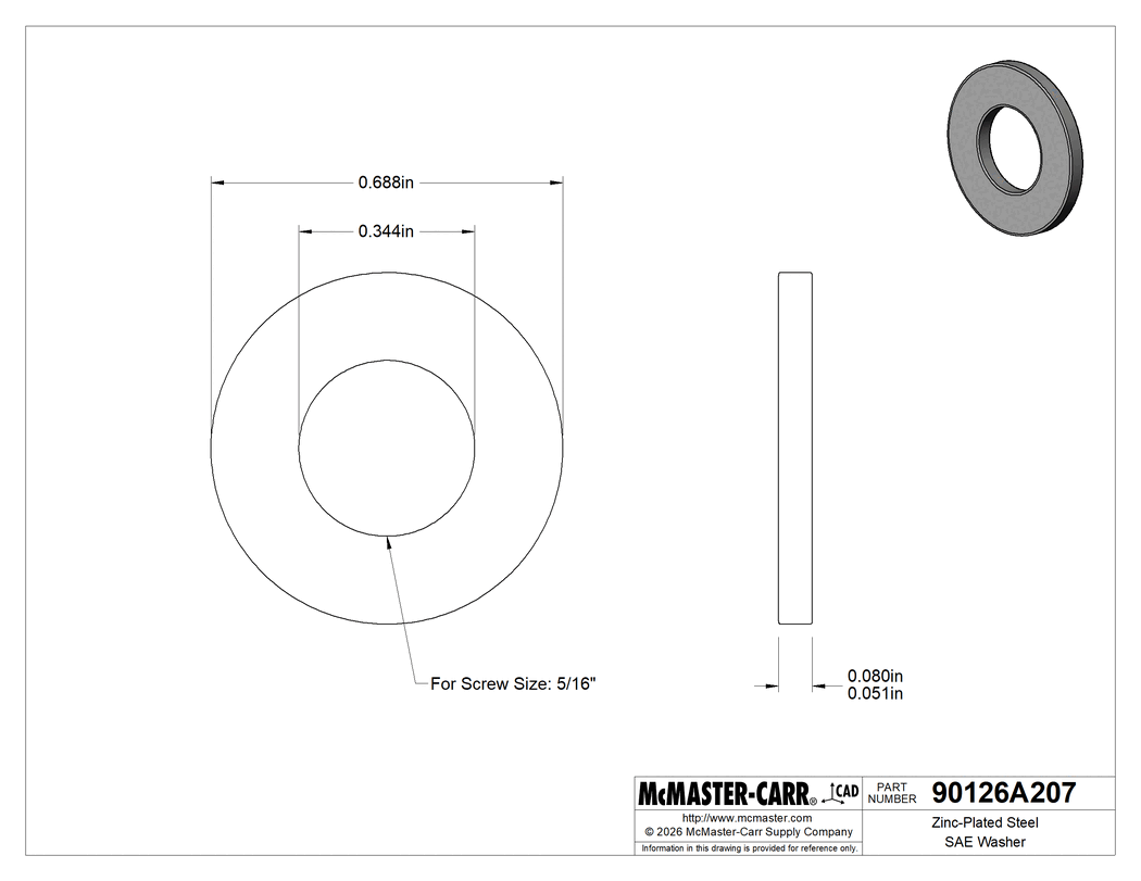 Technical Drawing of Zinc-Plated Steel SAE Washer, Grade 5, for 5/16" Screw Size, 0.344" ID, 0.688" OD.